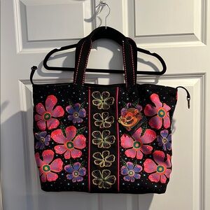 NWT Laurel Burch Black and Pink Floral Tote